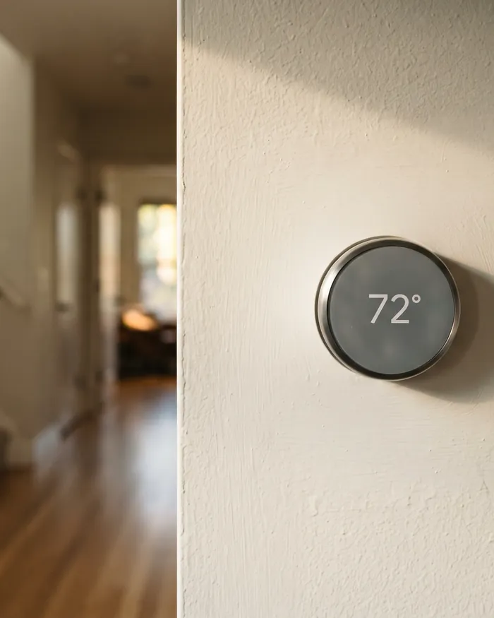 A new smart thermostat on a hallway wall